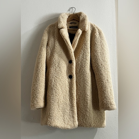 LIZ CLAIBORNE Teddy Coat Sherpa Faux Fur Cream Neutral Notch Collar Cozy Fall - Picture 2 of 11